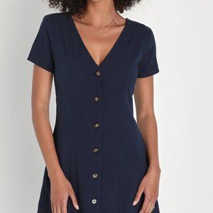Lulu's Everyday Sweetness Navy Button-Up Mini Dress With Pockets